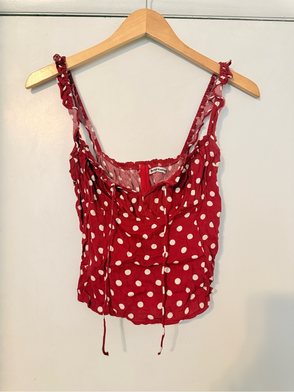 Reformation Red Polka Dot Smocked Top with White Dots